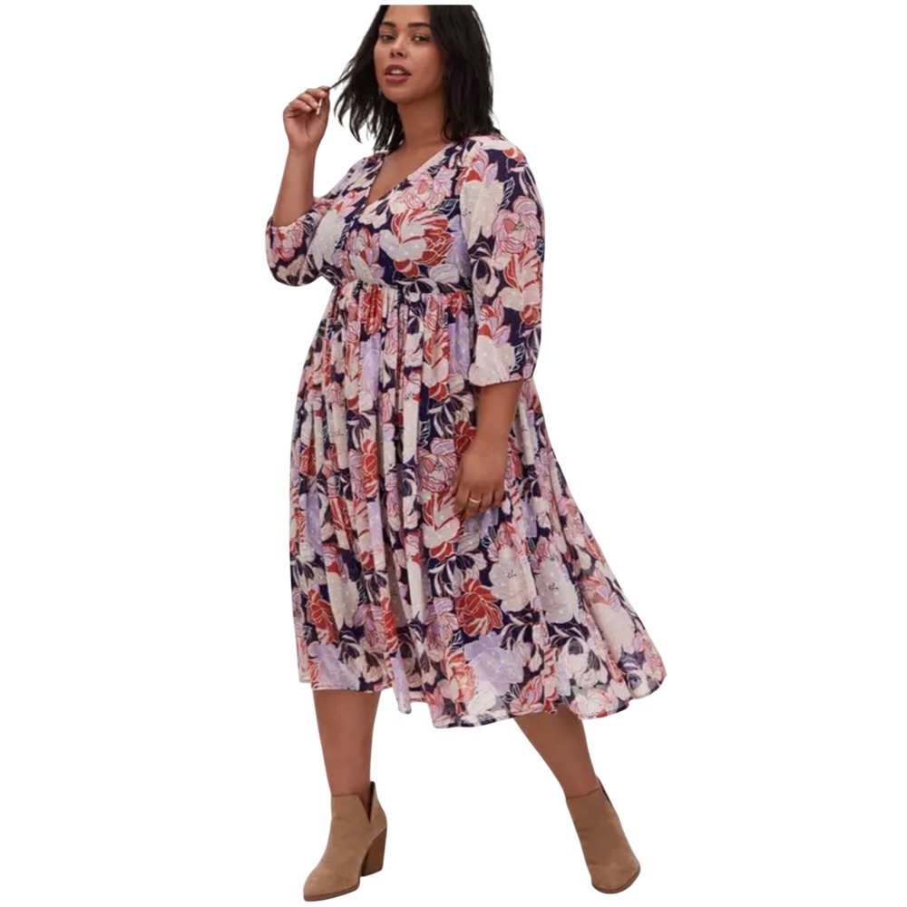 Torrid Fit And Flare Dress‎ Size 1X Blue Floral Flowy Office Romantic Feminine